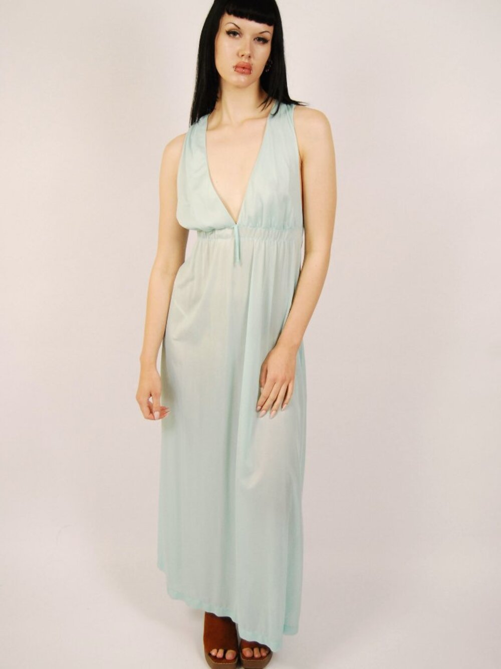 60s Plunge Slip Dress (S) small blue vintage midcentury lingerie pinup glam cute